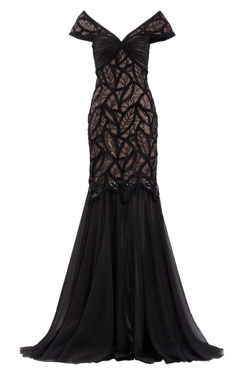 Shop Tadashi Shoji Sequin Leaf Detail Trumpet Gown In Black/nude