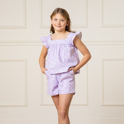 Shop Hope & Henry Girls' Flutter Sleeve Faux Top Pull-on Linen Romper, Kids In Lavender Fields Floral