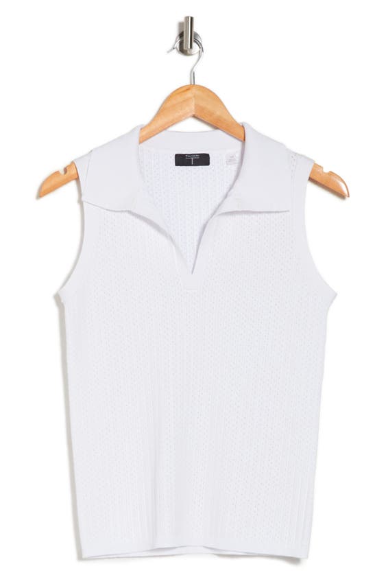 Shop T Tahari Pointelle Stitch Sleeveless Sweater Polo In Bright White