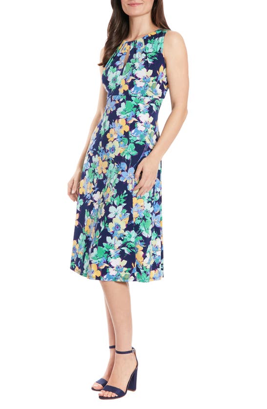 Shop London Times Floral Keyhole Sleeveless Fit & Flare Midi Dress In Navy/ Teal