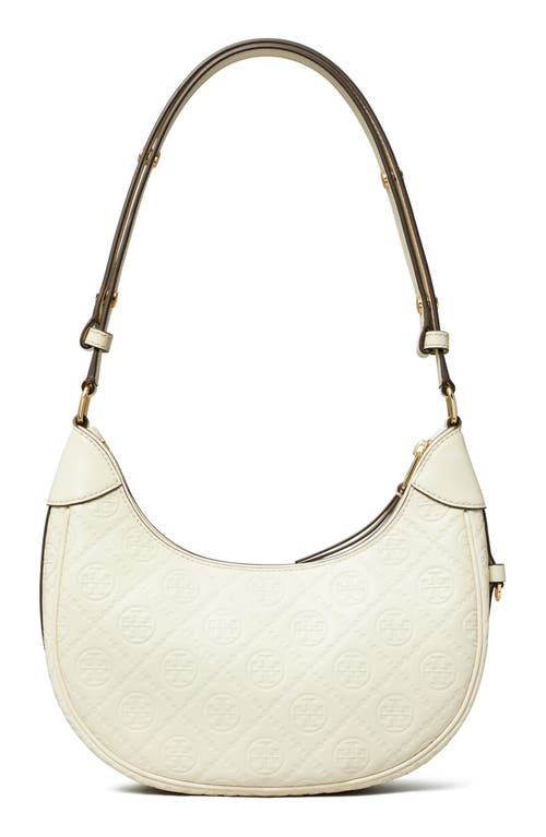 Shop Tory Burch T-monogram Embossed Crescent Shoulder Bag In Light Cream