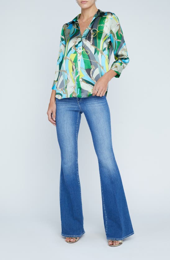 Shop L Agence Dani Mixed Print Silk Button-up Shirt In Sea Green Multi Belt Swirl