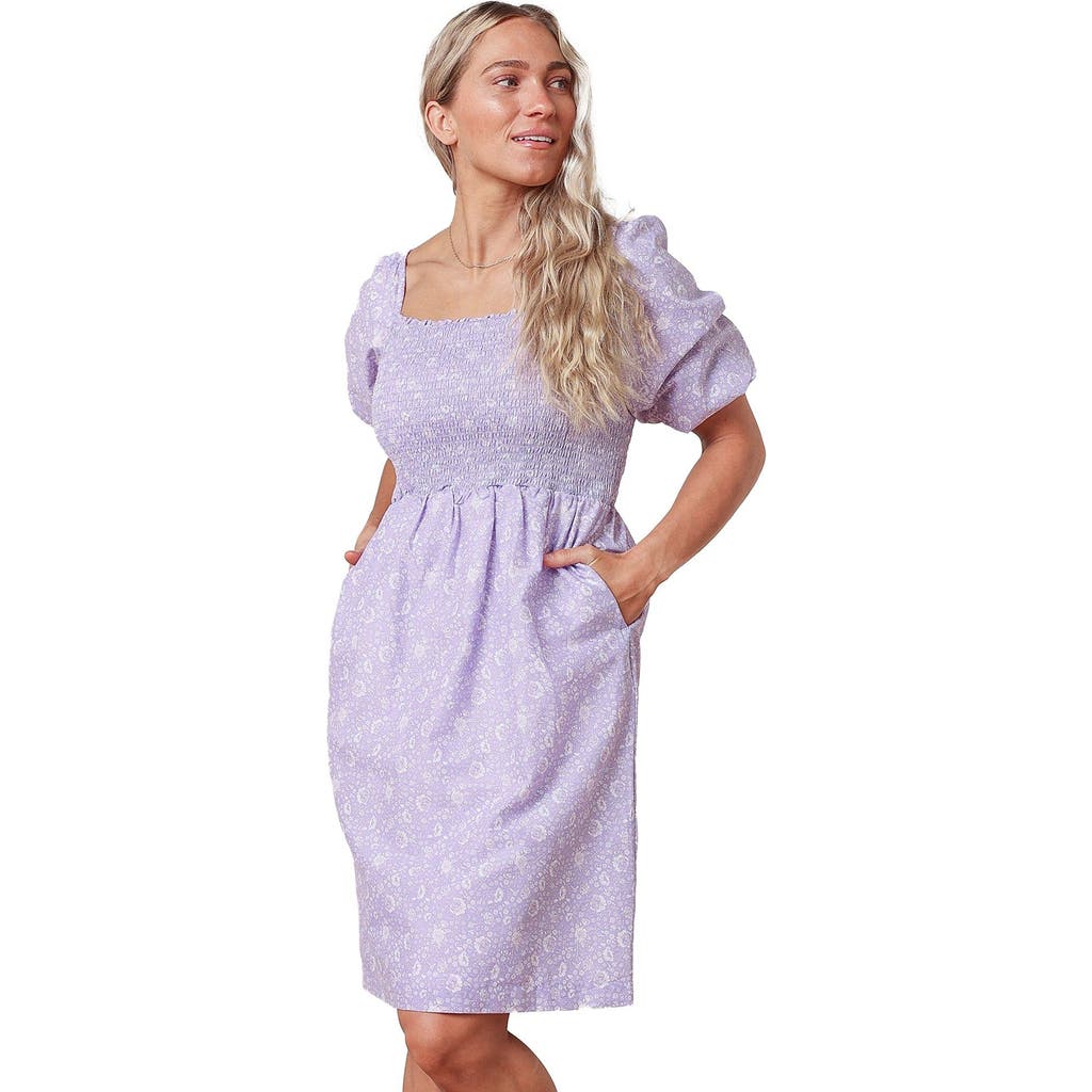 Hope & Henry Womens' Bubble Sleeve Smocked Bodice Dress In Lavender Field Floral