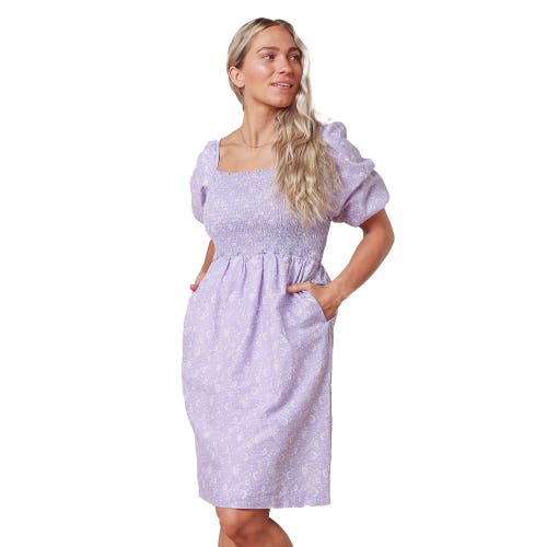 Womens' Bubble Sleeve Smocked Bodice Dress in Lavender Field Floral