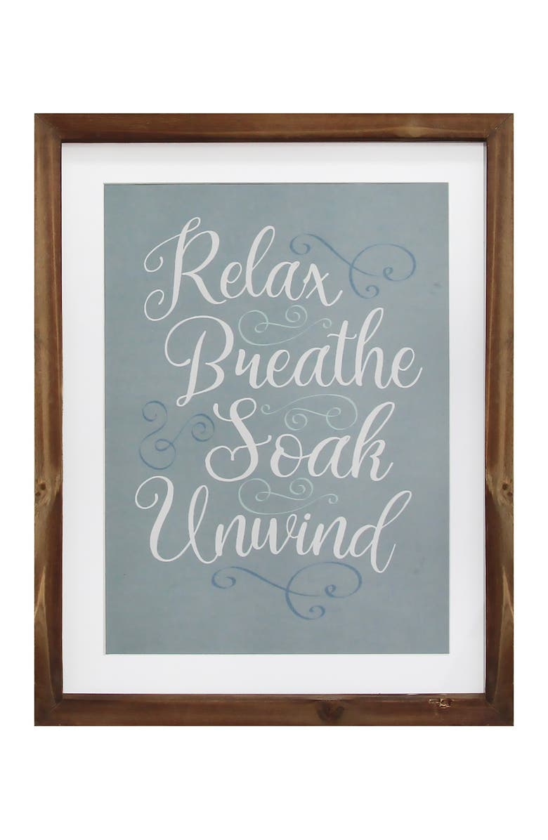 STRATTON HOME DECOR Multi Relax, Breathe, Soak, Unwind Framed Bath Art, Main, color, NATURAL WOOD FRAME BLUE WHITE