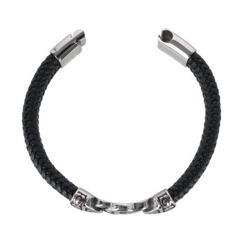 Shop Trafalgar Loose Fit Silver Interlock Pattern On Black Leather Bracelet