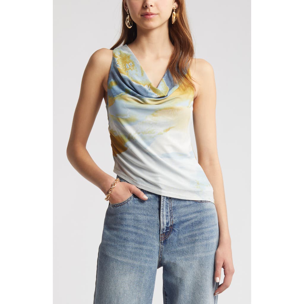 Open Edit Cowl Neck Sleeveless Mesh Top In Blue