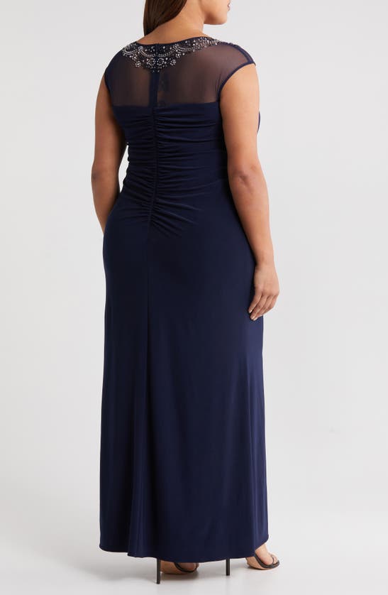 Shop Alex Evenings Illusion Neck Cap Sleeve Gown In Navy