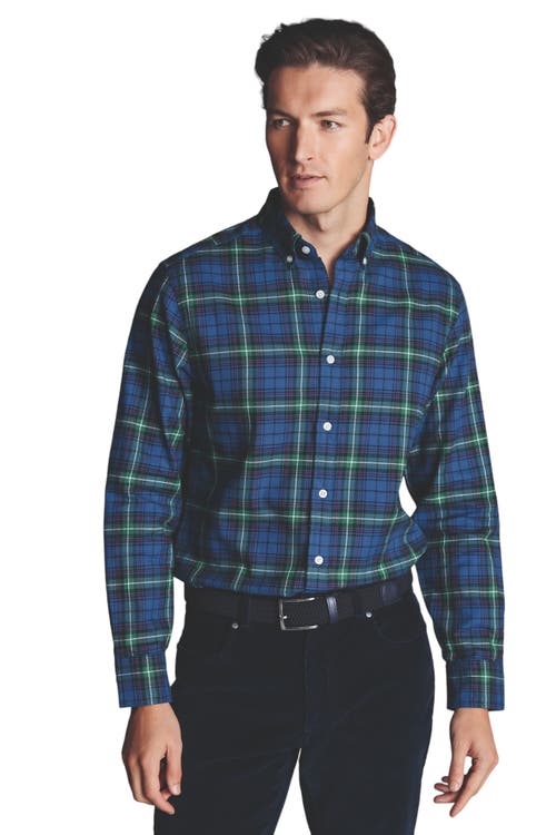 Slim Fit Button-Down Collar Brushed Flannel Check Shirt in Green