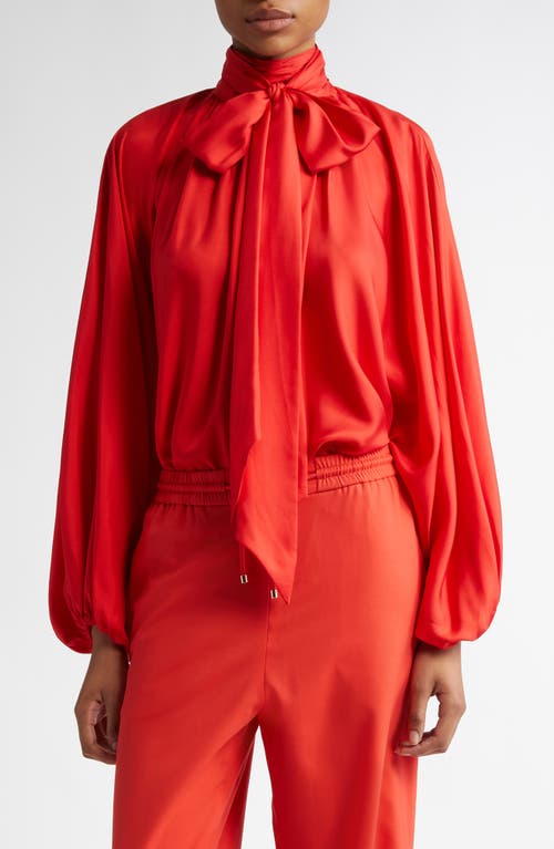 Zimmermann Batwing Sleeve Tie Neck Silk Top In Red