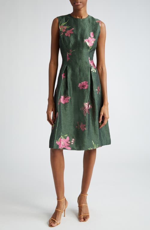 Betsy Metallic Floral & Gingham Jacquard Dress in Moss