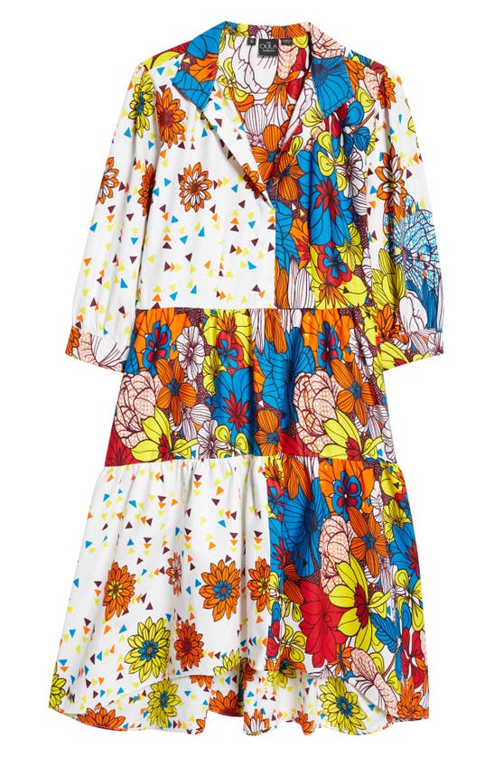 Shop The Oula Company Mixed Print Tiered High-low Shirtdress In Blue Orange Ruby Golden