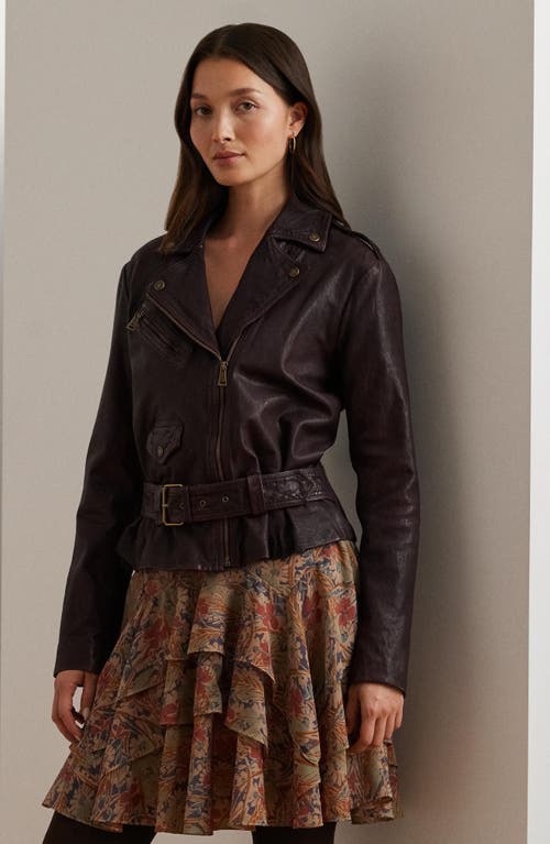 Shop Lauren Ralph Lauren Belted Burnished Leather Jacket In Pinot Noir