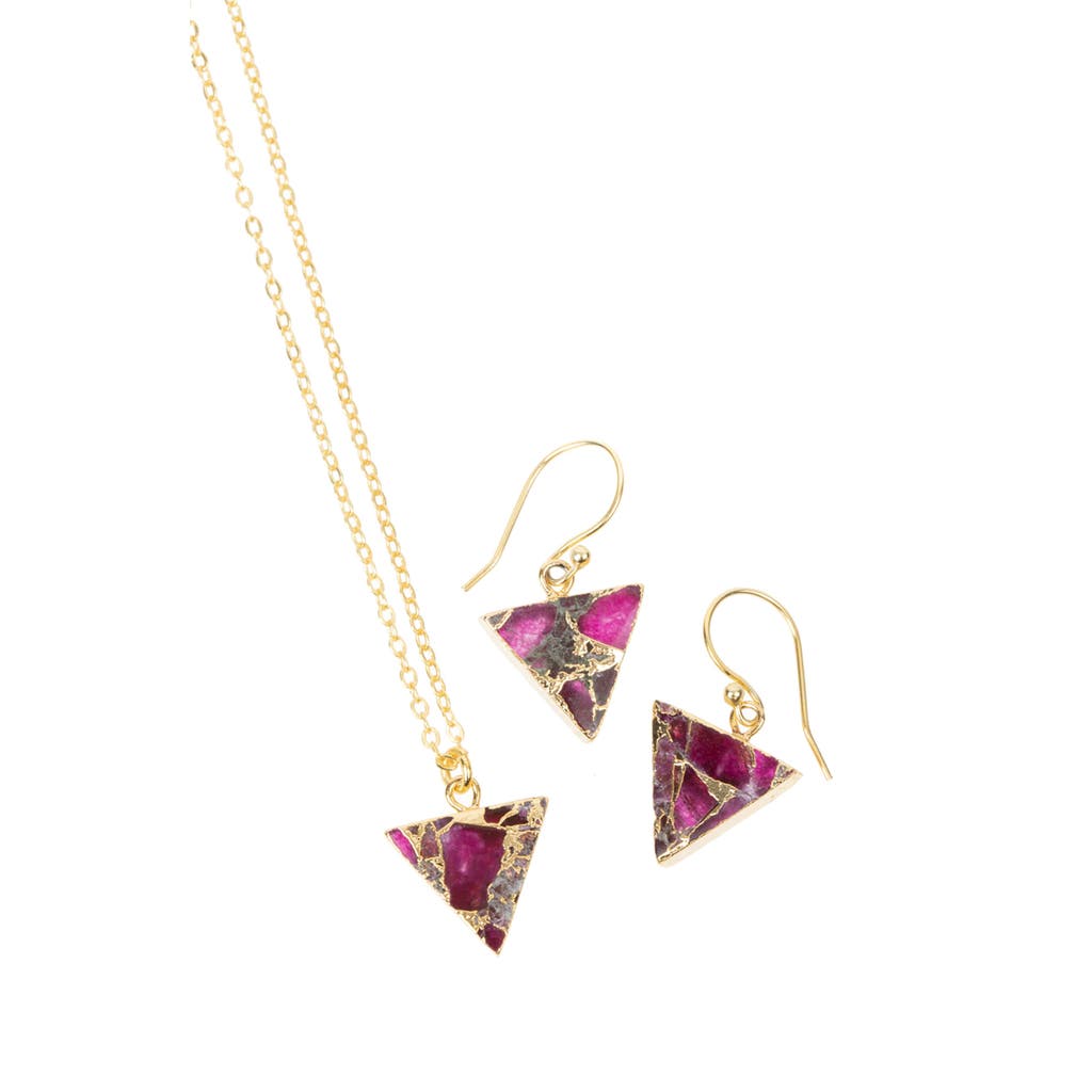 Saachi Mini Triangle Earrings And Necklace Set In Gold/pink