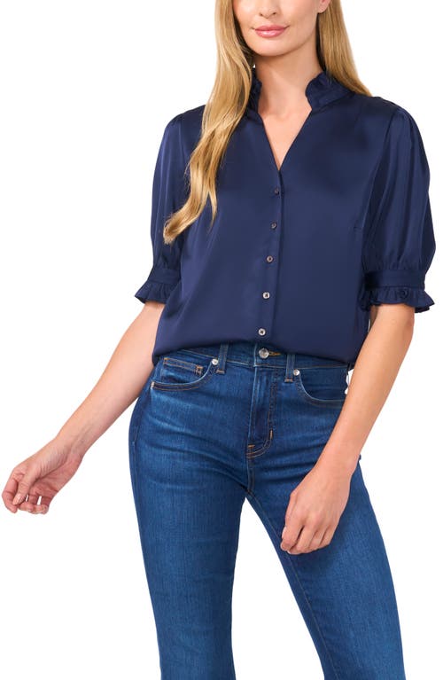 Shop Cece Frill Cuff Satin Button-up Shirt In Classic Navy Blue