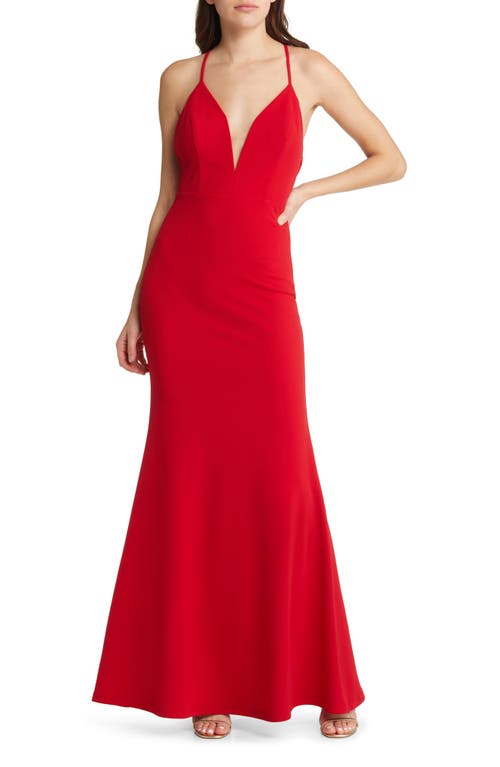 Lulus Amelia Plunge Neck Trumpet Gown in Red