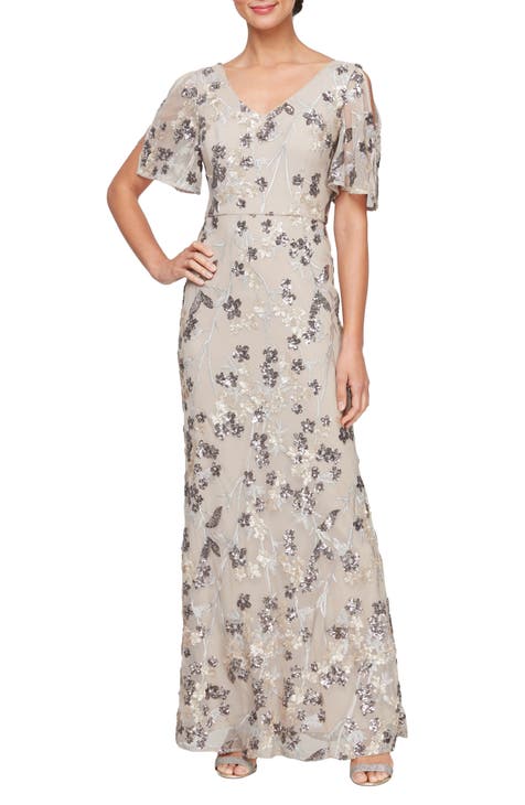Sequin Embroidered Flutter Sleeve Sheath Gown