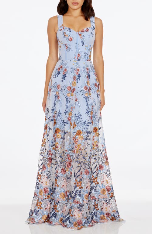 Anabel Floral Embroidered Chiffon Gown in Sky Multi
