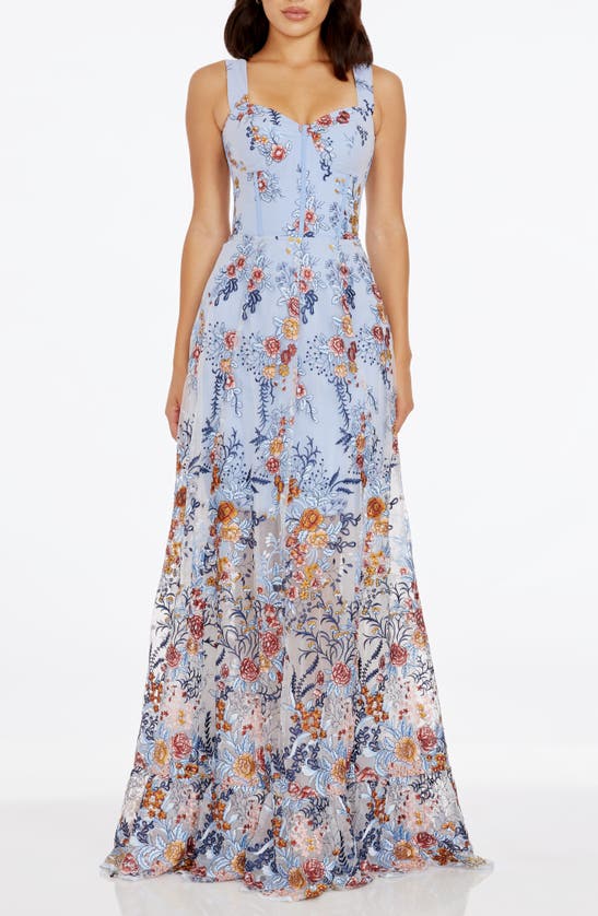 Dress The Population Anabel Floral Embroidered Chiffon Gown In Sky Multi