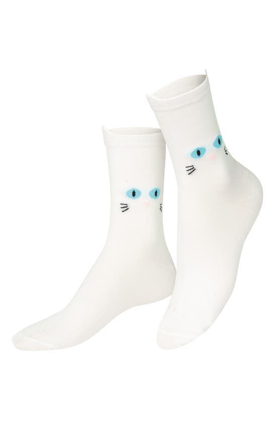 Doiy Cat Crew Socks In White