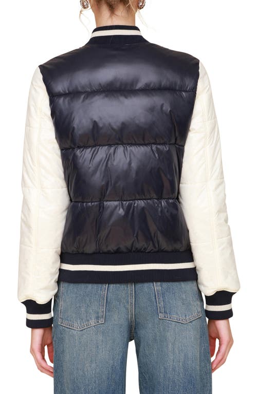 Shop Avec Les Filles Quilted Water Resistant Varsity Bomber Jacket In Navy-ivory