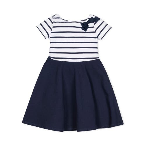 Hope & Henry Girls' Short Sleeve Lightweight Knit Skater Dress, Kids In White And Navy Stripe