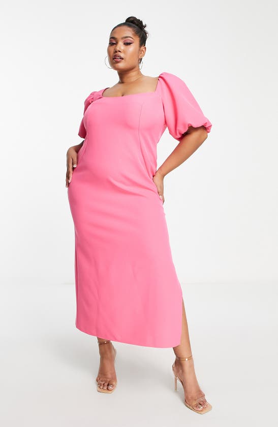 Asos Design Puff Sleeve Midi Dress With Asym Neckline In Hot Pink