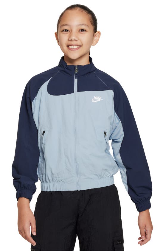 Shop Nike Kids' Sportswear Amplify Woven Jacket In Armory Blue/ Mid Navy/ White
