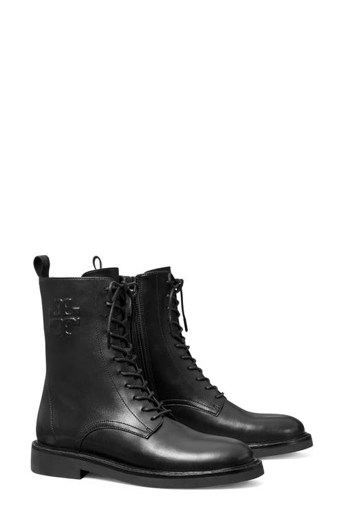 Double-T Croc Embossed Combat Boot in Perfect Black