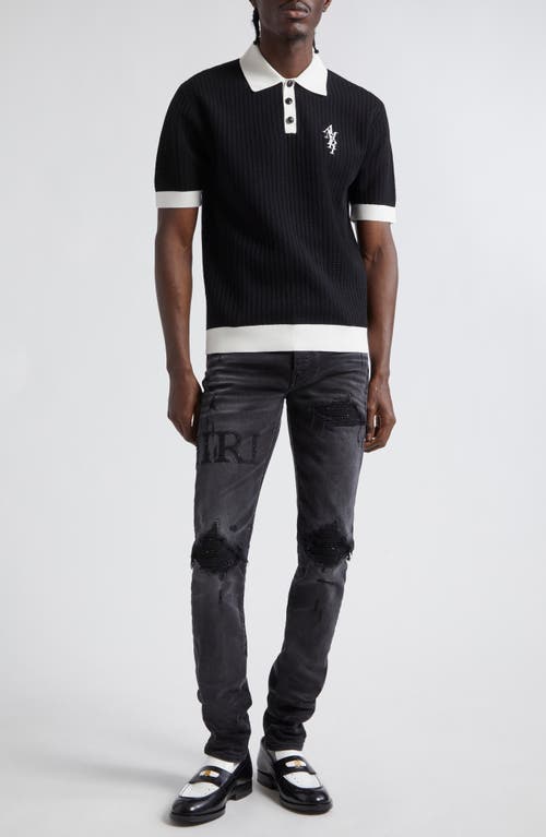 Waffle Stitch Cotton Blend Polo in Black