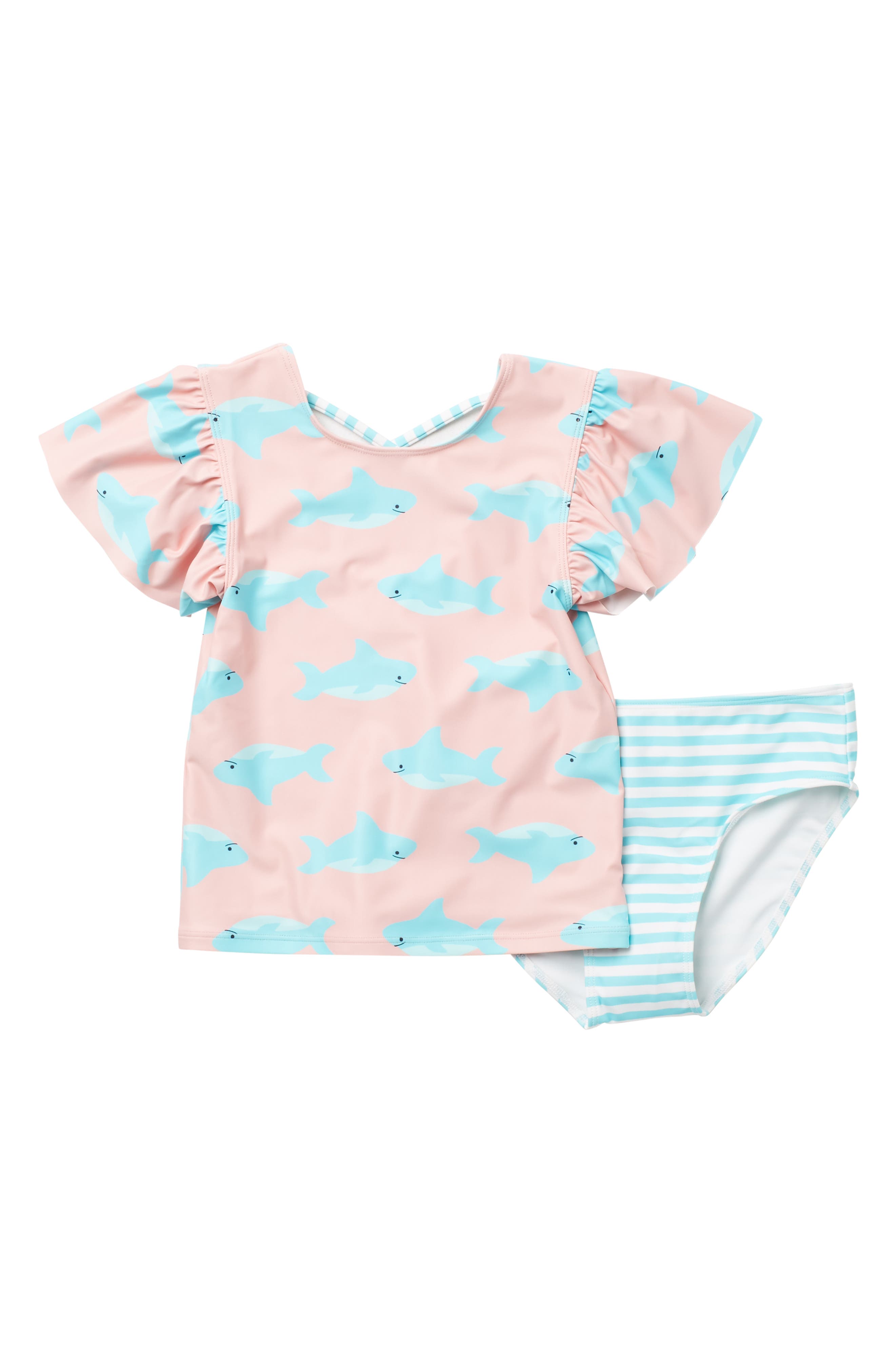 Harper Canyon Kids' Patterned 2-piece Rashguard Swimsuit In Pink Sharks- Teal Stripe