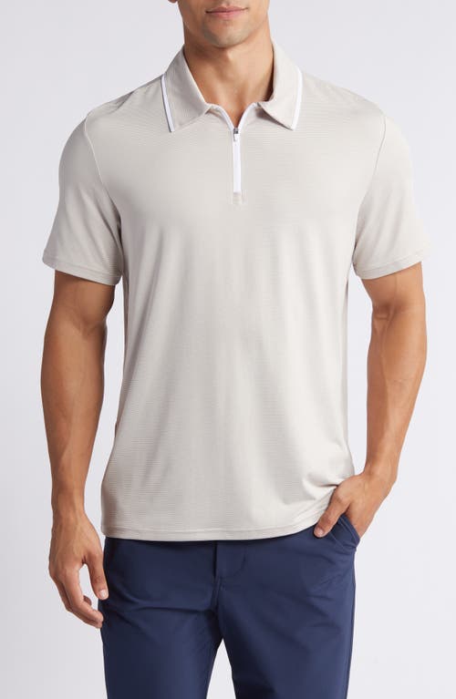 Shop Zella Tipped Stripe Polo Shirt In Pebble