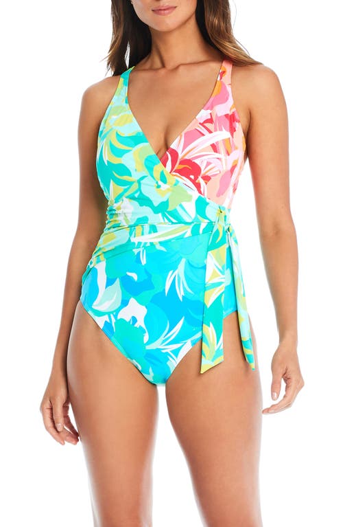 Faux Wrap One-Piece Swimsuit in Blue Multi