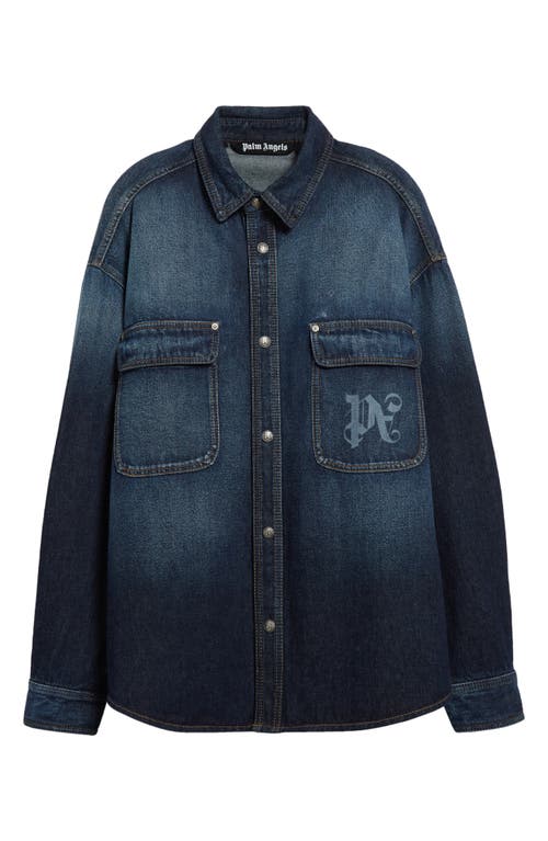 Shop Palm Angels Midnight Monogram Denim Snap-up Shirt In Blue Off W