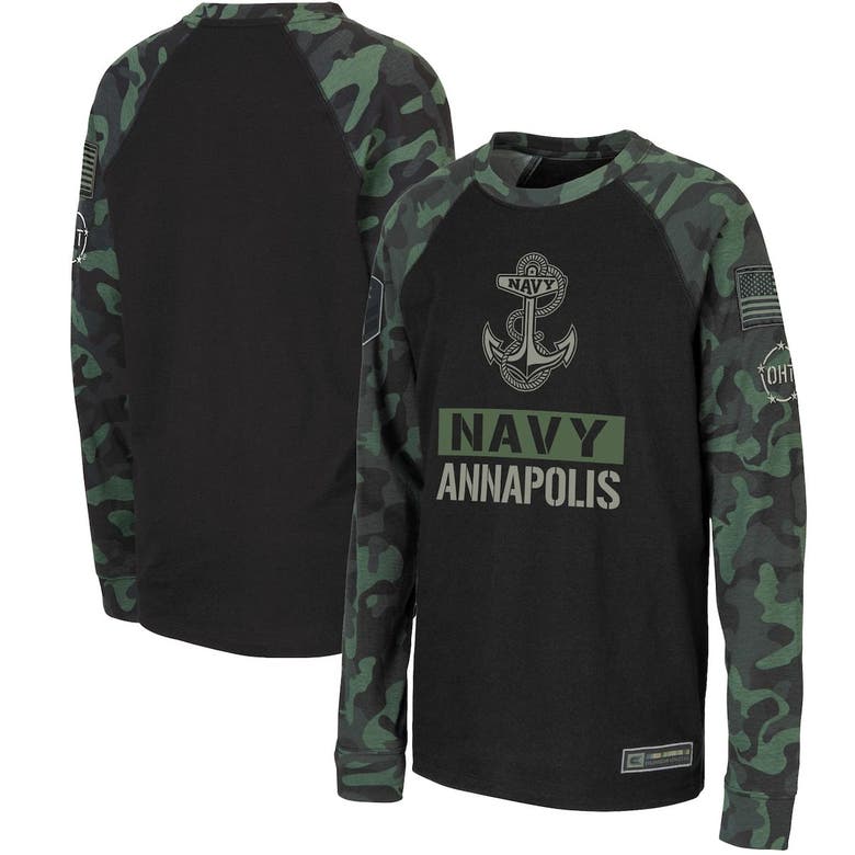 Colosseum Kids' Youth  Black/camo Navy Midshipmen Oht Military Appreciation Raglan Long Sleeve T-shirt