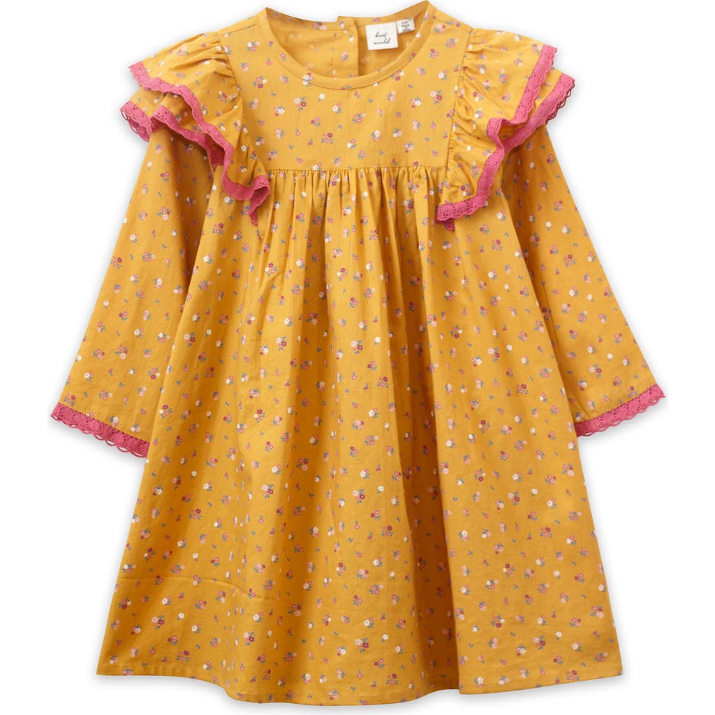 Beet World Toddler Flutter Sleeves Dress With Lace Trim | Provence Meadow In Mustard