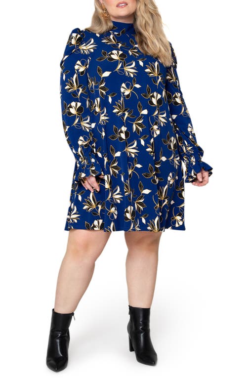 Leota Bianca Floral Print Long Sleeve Shift Dress in Bliss Mazarine Blue