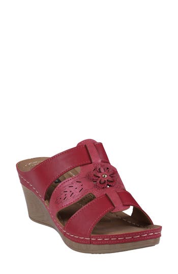 Gc Shoes Spring Red Open Toe Triple Band Flower Wedge Sandals In Red