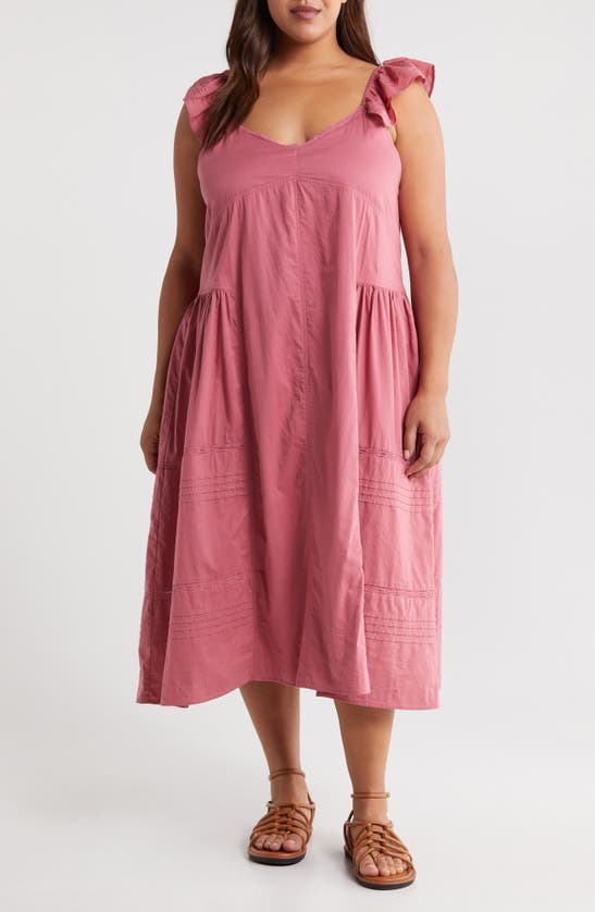 Shop Treasure & Bond Tie Back Flutter Sleeve Cotton Midi Dress In Pink Mauve