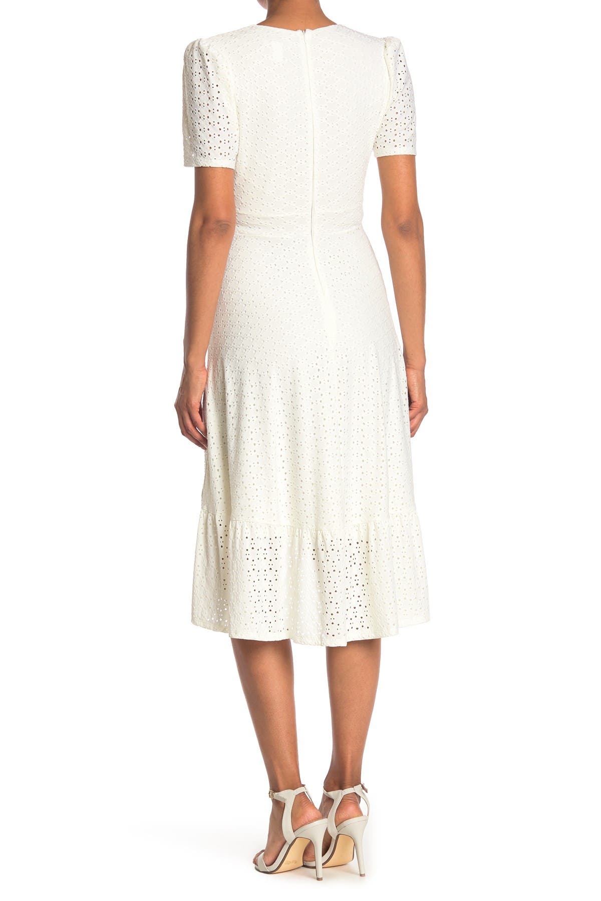 London Times Stretch Eyelet Short Sleeve Ruffle Wrap Dress