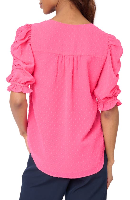Gibsonlook Clip Dot Ruched Sleeve Chiffon Top In Bright Pink Rose