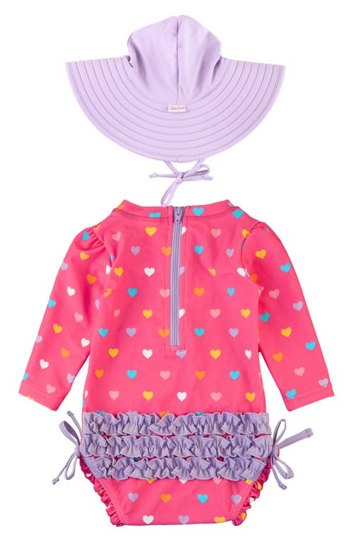 Rufflebutts Colorful Hearts One-piece Rashguard Swimsuit & Hat Set In Pink