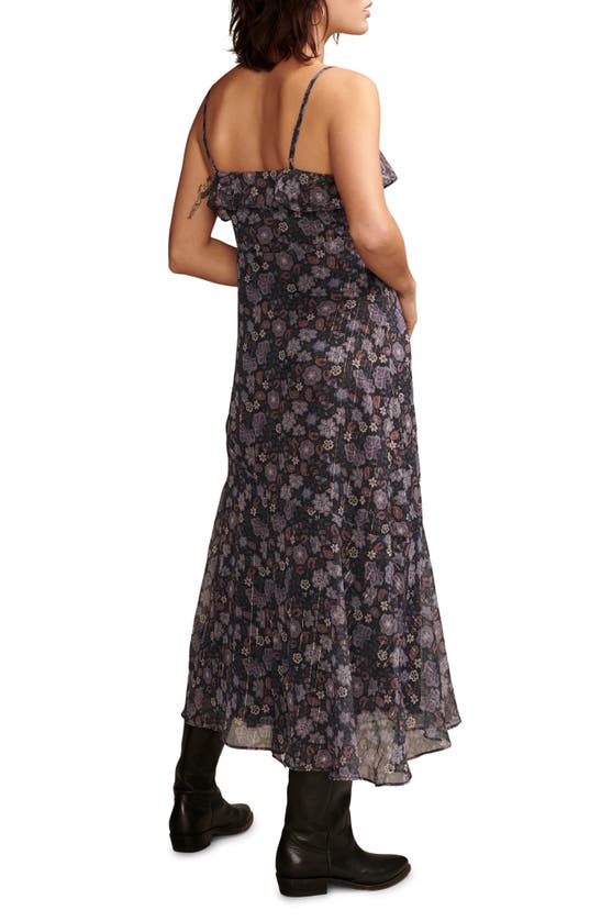 Shop Lucky Brand Floral Metallic Stripe Ruffle Midi Dress In Raven Multi