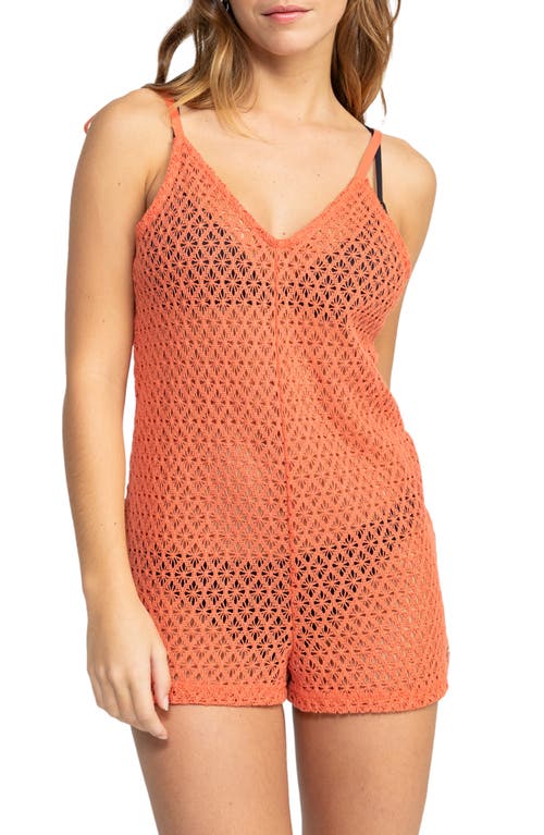 Shop Roxy Ocean Riders Open Stitch Cotton Blend Cover-up Romper In Apricot Brandy