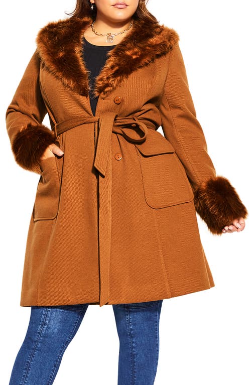 City Chic Make Me Blush Belted Coat with Faux Fur Trim in Caramel