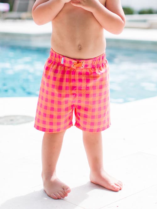 Shop Ruggedbutts Boys Upf50+ Swim Trunks In Sunset Sorbet Gingham