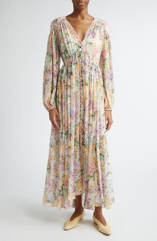 Zimmermann Halliday Floral Gathered Maxi Dress In Neutral