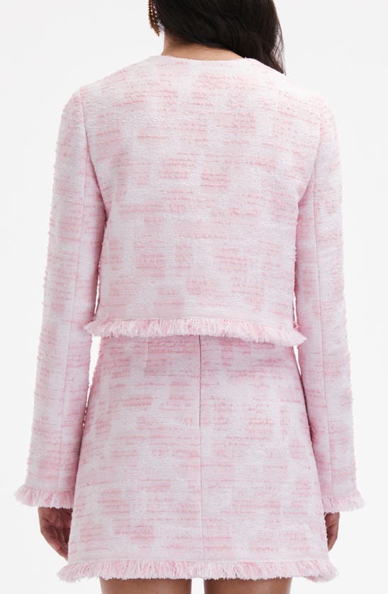 Shop Oscar De La Renta Fringe Trim Tweed Crop Jacket In White/ Pink