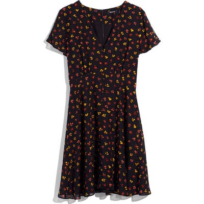 Madewell Silk Button Front Swing Dress In Feline Floral, Black