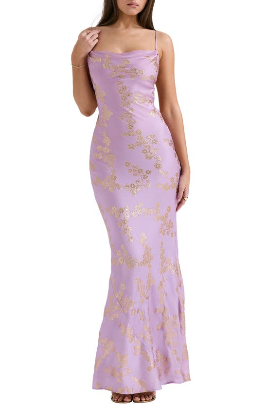 House Of Cb Capriana Metallic Sleeveless Lace Back Mermaid Gown In Orchid Bloom